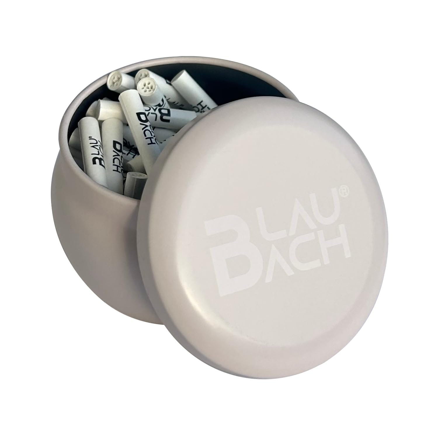 Aktivkohlefilter Super Slim Ø 5 mm, 100 Stück in praktischer Metalldose, Aktivkohle auf Kokosnuss-Basis, Keramikkappen – BLAUBACH Premium Filter