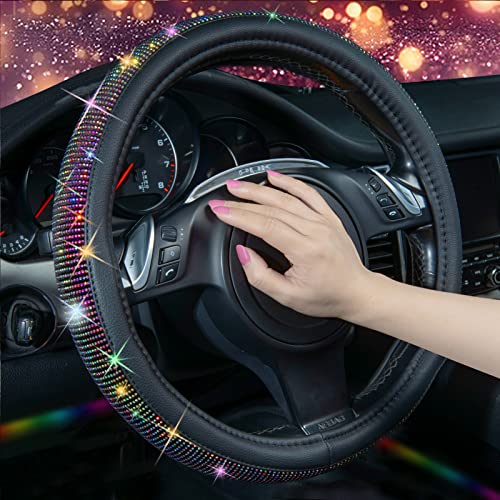 Image of CAR PASS Diamond Leather Steering Wheel Cover, with Bling Crystal Rhinestones Fit Suvs,Vans,Sedans,Cars,Trucks Universal Fit 14.5-15inch Crystal Glitter for Women Sparkle Girl, Multicolor Diamond