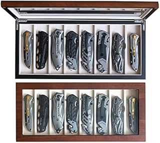 Besforu Knife Display Case Organizer storage 8 pocket knives, Folding Knife Holder with Real Glass Window Top, Pocket knife collection box for men gift (Walnut Veneer 8 slot)