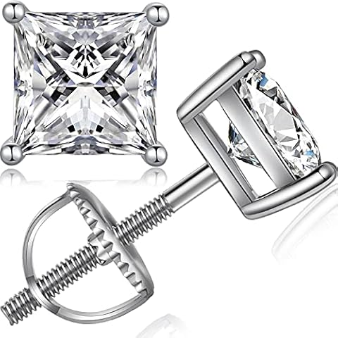 ZowBinBin 18K White Gold Plated 925 Sterling Silver Round Cut and Princess Cut 5A+ Cubic Zirconia Stud Earrings,Screw Back Posts CZ Stud Earrings, Sterling Silver, Cubic Zirconia Cover