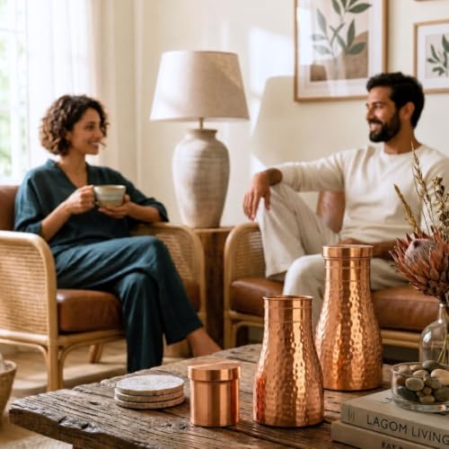 Image of Hammered Copper Bedside Pot | Pure Copper Water Vessel (Bedside Double) | Handcrafted Hammered, Copper Carafe with Lid, Ayurvedic Copper Vessel, Premium Gift Set