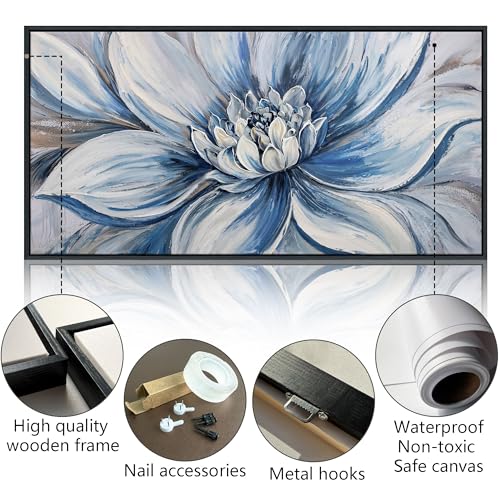 Image of Pogusmavi Blue Floral Wall Art for Living Room - Large Textured Flower Pictures for Bedroom - Canvas Paintings, Extra Large Blue and White Wall Decor Dining Room Artwork for Walls 29x58IN