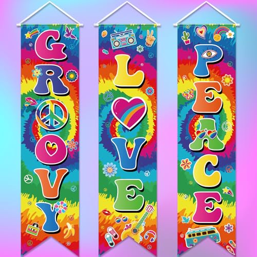 Image of Chiisong 3 Pieces 60s Party Decorations Groovy Love Peace Banners Hippie Porch Signs 1960s Hanging Wall Decor for Retro 60s Theme Party Scene Setters Photography Backdrop Decorations Supplies