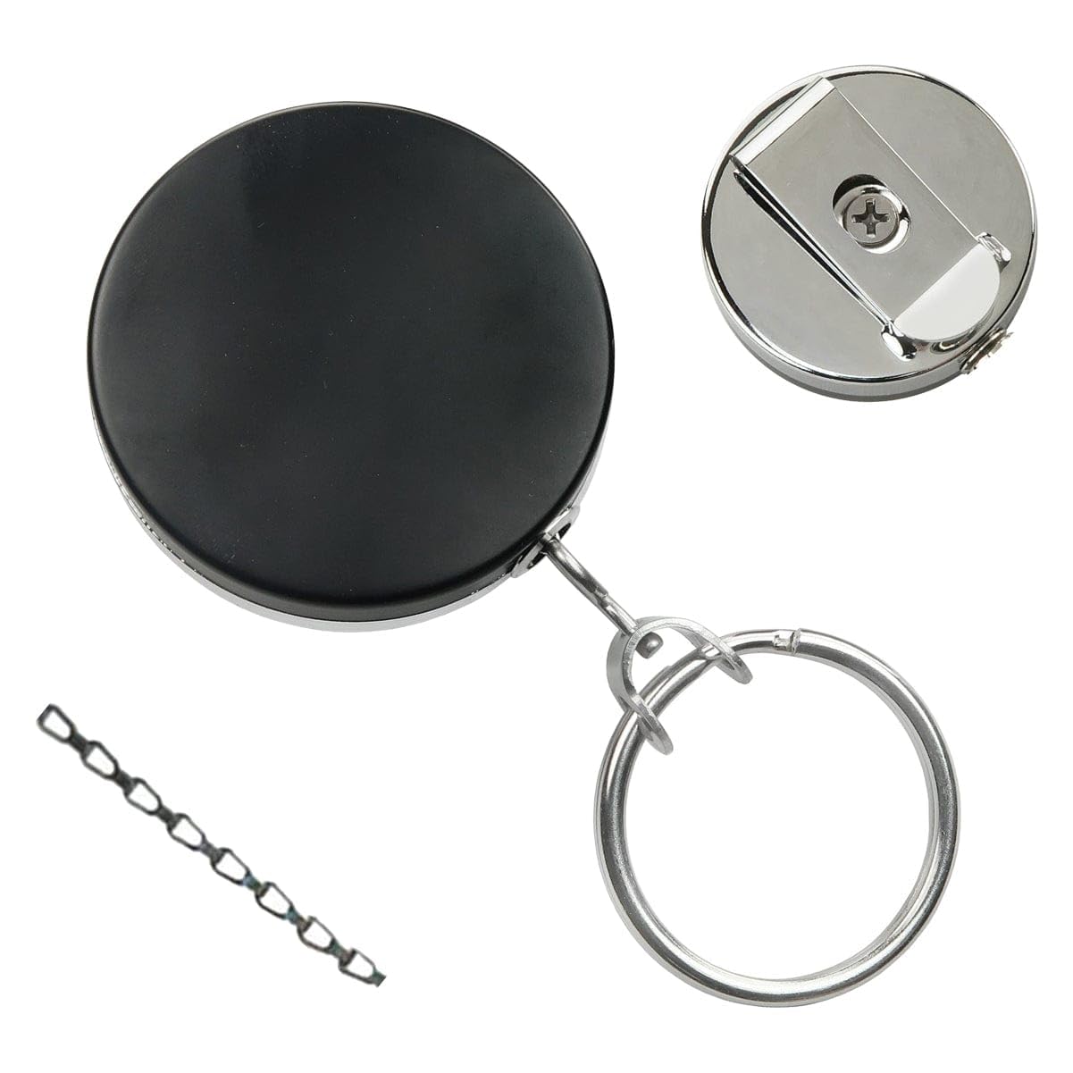 2 Pack - Heavy Duty All Metal Badge Reel with Chain Link Retractor Pull & Split Key Ring - Retractable Keychain with Steel Belt Clip for ID Badge,