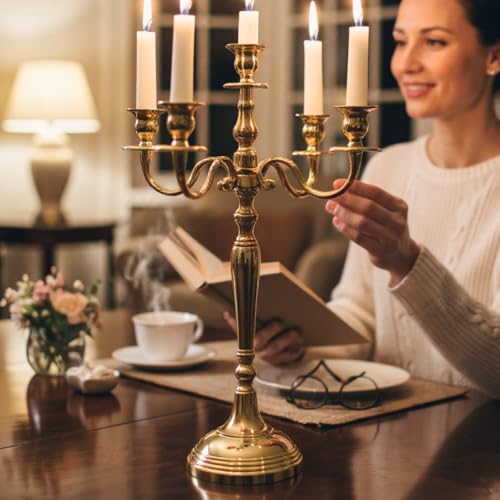 Image of Decorative Brass Gold Plated Five Arm Candle Holder Stand for Home & Hall Decore (18 inch * 18 inch * 32 inch)(Size:X-Large)