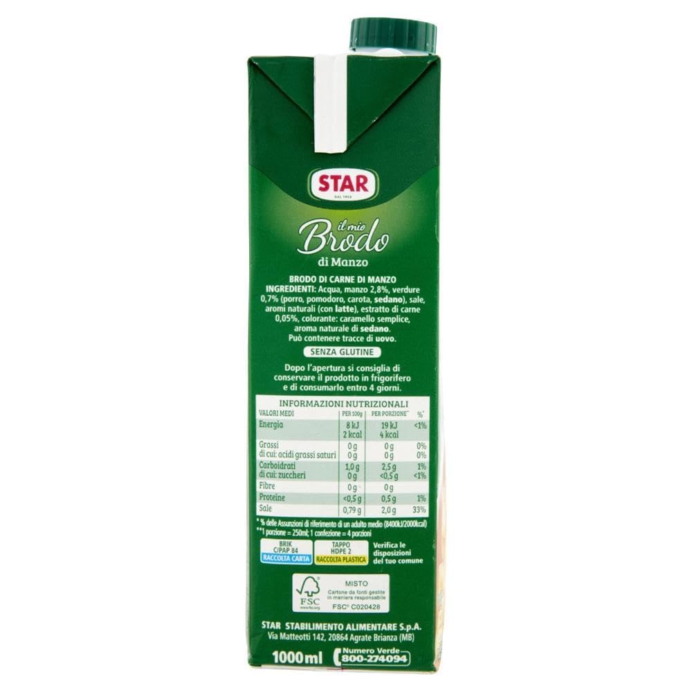 STAR Il Mio Brodo Manzo, 6 x 1 l, caldo líquido preparado, 100% natural, sin conservantes, sin gluten + llavero Beni Culinari gratis