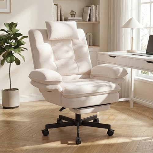 Criss Cross Office Chair with Flip-Up Armrests and Headrest, 135° Reclining Swivel Velvet Criss Cross Chair with Wheels & Foot Rest, Big and Tall Cloud Cross Legged Office Chair for Home, Cream