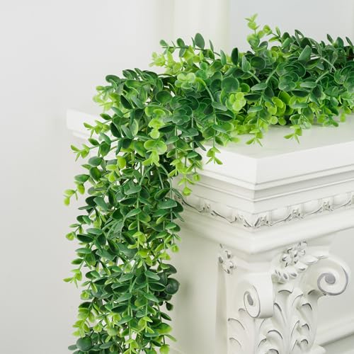 DDHS Artificial Boxwood Garland 6FT Fake Plant Greenery Eucalyptus Garland Faux Vines Hanging Plant Green Artificial Boxwood Plants for UV Outdoor Indoor Wedding Backdrop Wall Table Farmhouse Party