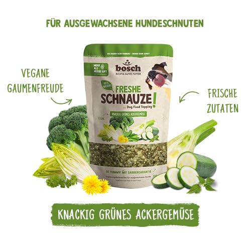 Bosch Freshe Schnauze - Knackig grünes Ackergemüse 1 x 200 g | Topping für Hundefutter | Für Trockenfutter und Nassfutter geeignet | mit frischer Zucchini, Spinat, Brokkoli, Fenchel & Chicorée