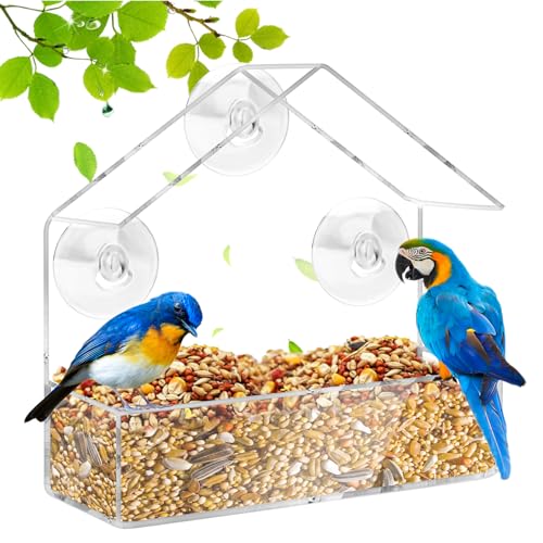 HGRGHH Comedero para Pájaros Acrílico, Comedero Pajaros Transparente, Comedero para Pájaros con 3 Ventosas, Comedero Pajaros Colgante para Jardín Pájaros Silvestres 15,5 x 15 x 6cm
