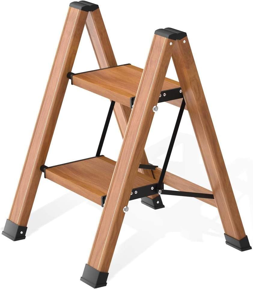 Portable 2-Step Folding Aluminium Ladder | Wood Grain Design | Widened Anti-Slip Pedals | Lightweight 3.2 kg | Compact Storage | Step Stool for Home