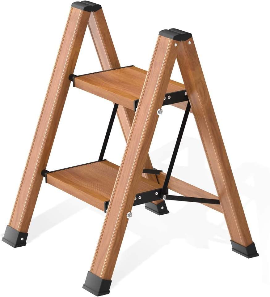 Portable Folding Aluminum Ladder, 2-3 Step Wood Grain Design Step Stool Single Side Ladder With Widened Pedals (2 STEPS)