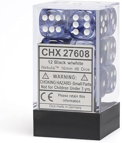 DND - Juego de dados Chessex D&D de 0.630 in, juego de dados poliédricos de plástico blanco y negro nebulosa, Dungeons and Dragons, incluye 12 dados