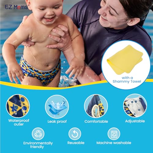 EZ Moms Baby Swim Diapers Reusable 2Pcs Large Size Snap Adjustable Washable One Size Toddler Swim Diaper with a Shammy Towel for Baby Boy Water Diaper Waterproof Swimming Diapers for Swimming Lessons3
