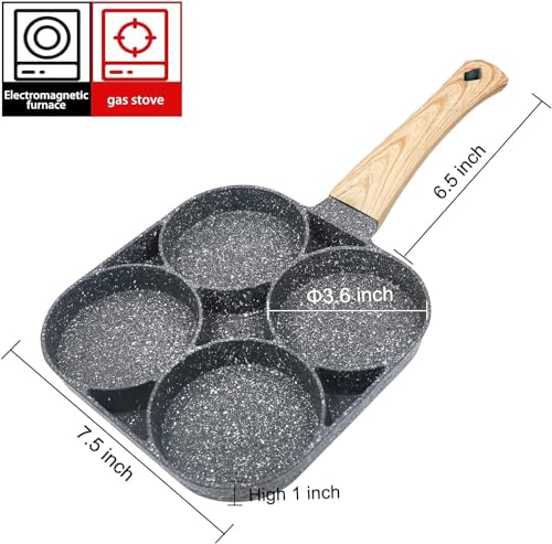 Image of 4 Hole Non Stick Egg Frying pan with Detachable Wooden Handle,Multi Purpose Frying pan for Omelet Uttapam Idli Burger Poached Egg Kitchen Breakfast