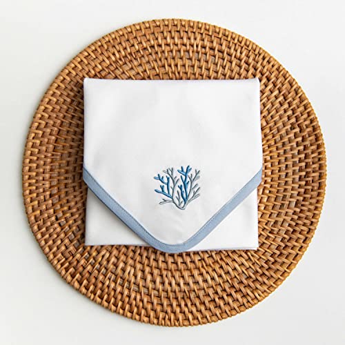 Hofdeco Premium Coastal Cotton Cloth Napkins Set Of 4, 20”X20” Washable Fabric Napkins For Beach House Decor, Baby Blue Embroidered Coral #TOP4