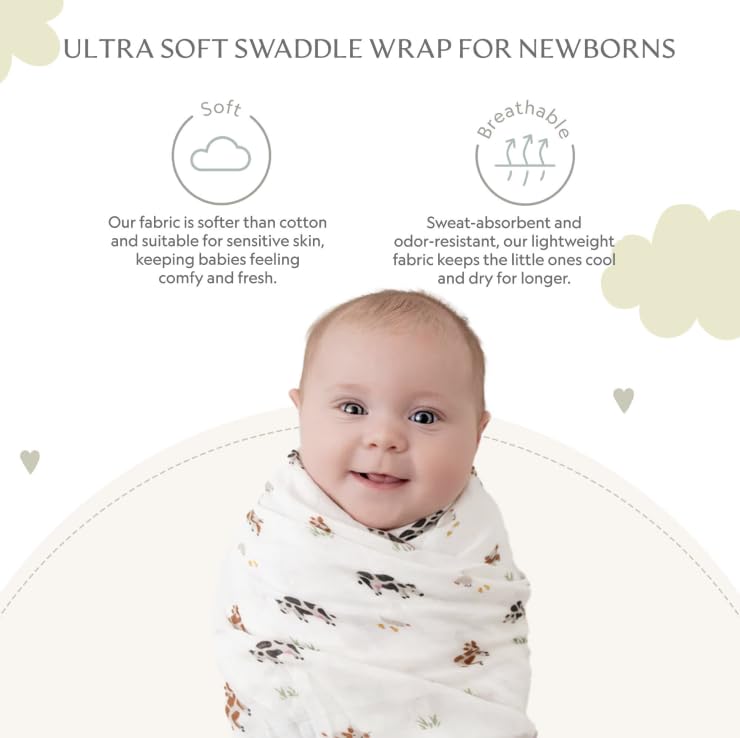 Image of Muslin Baby Swaddle - Breathable Receiving Blankets for Newborn Baby, 70% Viscose derived from Bamboo, 30% Spandex, Imported - Cow