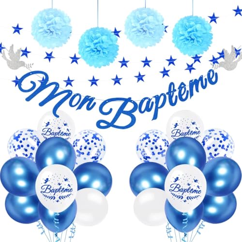 iZoeL Decoration Bapteme Garçon Bleu, Mon Baptême Ballon Confettis, Guirlande Étoile 4 m, Pompom Papier Soie - Decoration Baby Shower/Communion