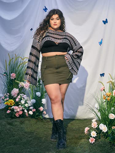 Image of WDIRARA Women's Plus Size Striped Hollow Out Drop Shoulder Boat Neck Long Sleeve Crop Sweater