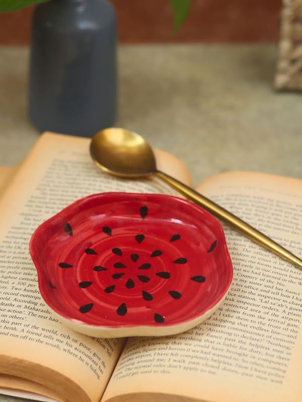 Image of WEAVING HOMES Handmade Watermelon Dessert Plate, Size: 11 cm Microwave & Dishwahsher Safe (Set of 1)