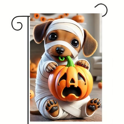 Image of Garden Flags - 12x18 Inch Double Sided Trick or Treat Dachshund Halloween Dog Skeleton Decorations for Outside