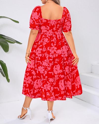 Image of Plus Size Summer Dresses - Sweetheart Neck Drawstring Puff Sleeve Casual Tiered Aline Flowy Midi Dress