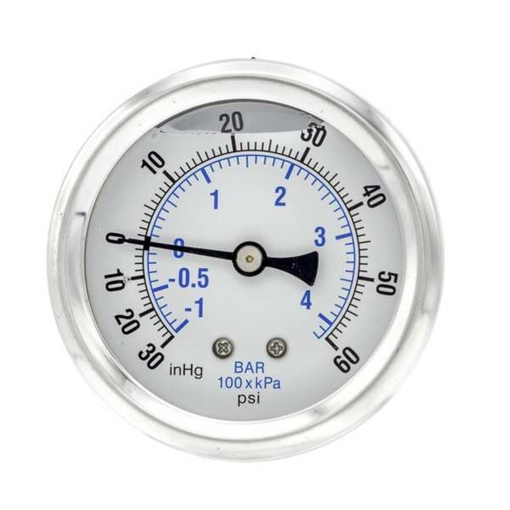 PIC Gauge PRO-202L-254CD - Manómetro de presión de montaje central industrial con carcasa de acero inoxidable, interior de latón, lente de plástico, tamaño de esfera de 2-1/2", macho NPT, 30/0/60 psi