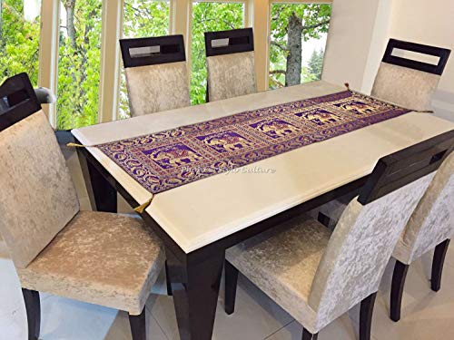 Stylo Culture Brocade Jacquard Center Table Runner Purple Rectangular Bohemian Ethnic Table Home Decor Elephant Floral Traditional Dining Table Cloth | 60X16 Inches (152 X 40 Cm) #TOP1