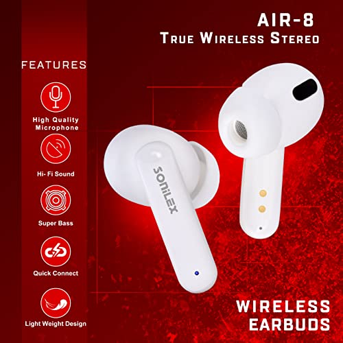 Image of SOniLEX AIR-8 True Wireless Ear Buds SL-BT-211 (White) with Bluetooth Version 5.0, Microphone, Light Weight Design, Quick Connect Technology, Super BASS, Hi-Fi Sound, Touch Sensor Controls