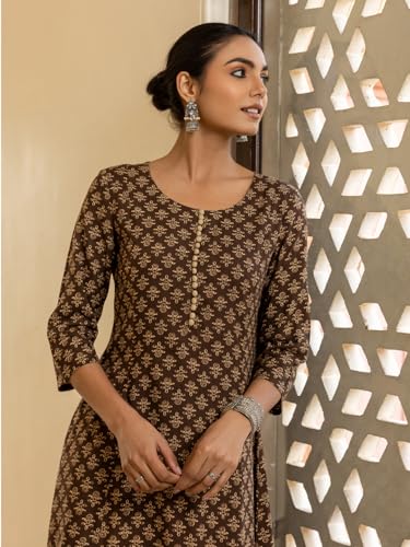 Image of FIORRA Women's Brown Floral Printed Cotton Flared Kurta