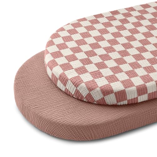 Image of Blissful Diary Muslin Bassinet Sheets for Baby Girls Boys, Boho Soft Cotton Fitted for Oval Hourglass Rectangle Mattress, 2 Pack(Dusty Pink Checkboard & Dusty Pink)