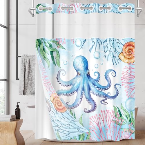 Nesphy No Hook Shower Curtain with Snap in Liner 71x74 Inch Octopus Ocean