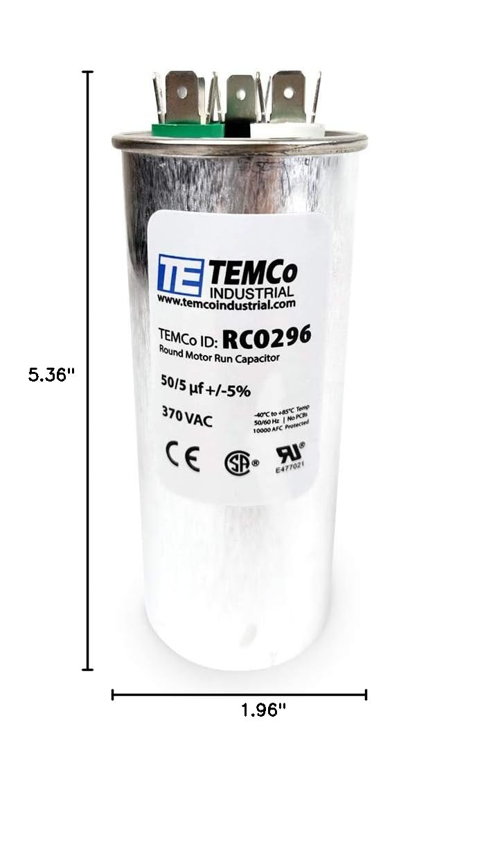 2 Pack TEMCo 50+5 uF Dual Run Capacitor CBB65, 50/5 MFD, 370V, Round, 50/60Hz | for HVAC AC Fan, Motor, Blower Applications