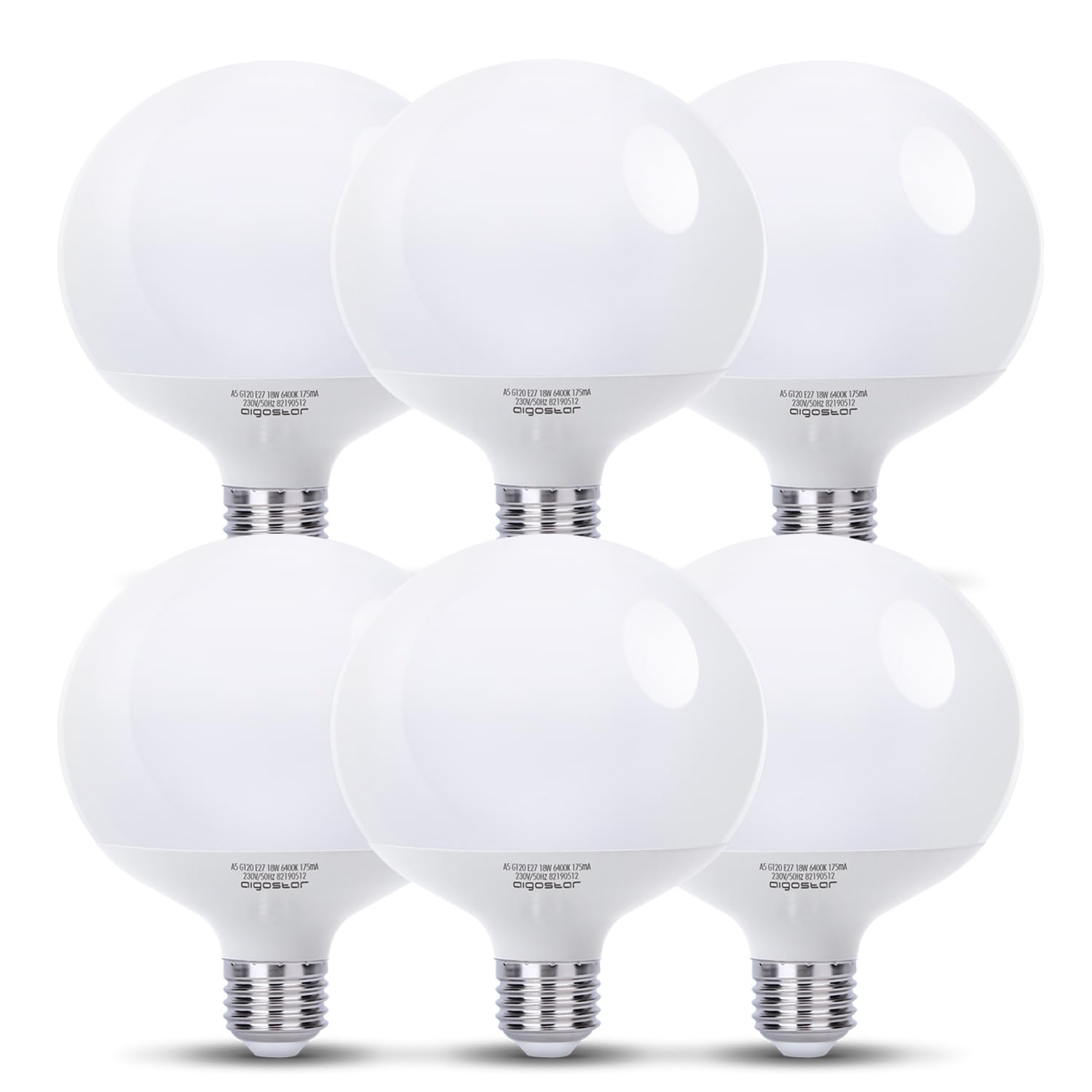 Aigostar - Bombillas LED E27 G120 Globo 18W Equivalente a 117W, Luz Fría 6500K, 1840 Lumen, CRI> 80, Ahorro de Energía, No Regulable, 6 Unidades