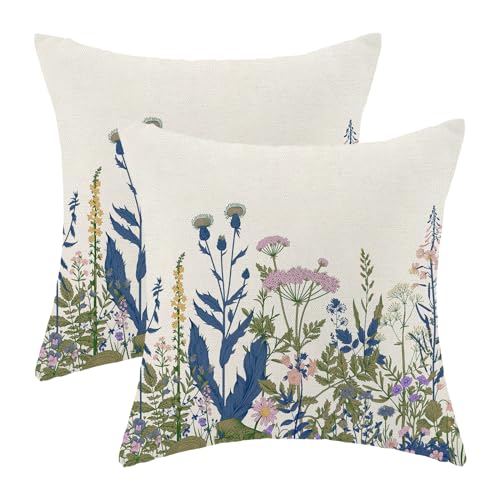 Image of AEIOAE Navy Blue Teal Pillow Covers 22x22 Inch Set of 2, Spring Wildflower Plant Throw Pillows Case,Seasonal Floral Outdoor Decorative Flowers Farmhouse Decor Cushion Covers for Home Sofa Bed Couch