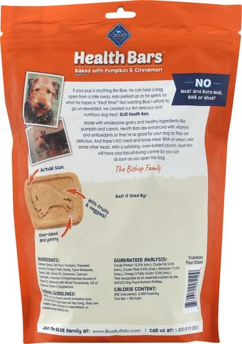 Image of Blue Buffalo Health Bars Pumpkin & Cinnamon Crunchy Dog Biscuits, Oven-Baked with Pumpkin & Natural Ingredients, Healthy Dog Treats with No Artificial Flavors or Preservatives, 16 oz. (Pack of 4)