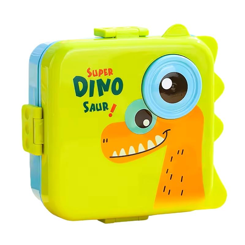 Glitziify Dinosaur bento Lunch Box, 6-Compartments, Sauce box, Insulated Bento Box Ideal portion size for Ages 2-10+ boys & girls, Leakeproof, 2-layer bento box,1600ml (Green)