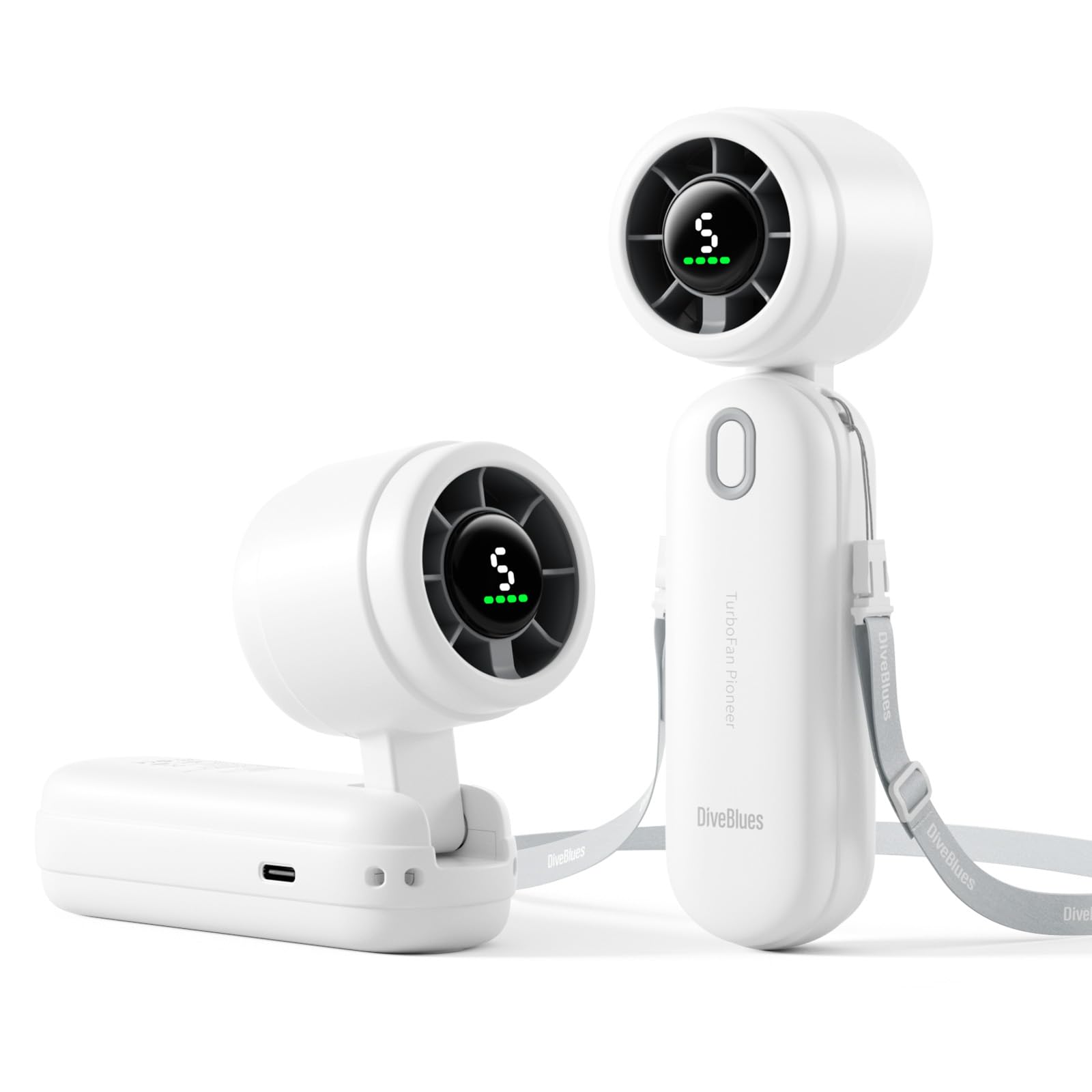 Diveblues iTurbo Handventilator, 9m/s Hohe Geschwindigkeit, 5-stufiger, LED-Display, wiederaufladbarer Akku, 3-in-1 Hand, Hals& Tischventilator, Mini Ventilator für Reisen, Strand, Arbeit & Outdoor