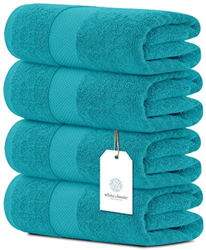 White Classic Luxury Bath Towels Set of 4 Large - 700 GSM Cotton Ultra Soft Bath Towels 27x54 | Highly Absorbent and Quick Dry | Hotel Towels for Bathroom Luxury, Plush Shower Towels, Aqua