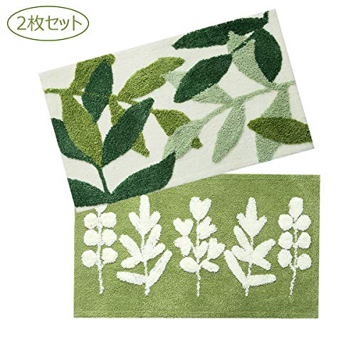 SHACOS 玄関マット 浴室マット バスマット マイクロファイバー 45×65cm 2枚セット 吸水 滑り止め 防カビ 手洗いＯＫ 可愛い おしゃれ 廊下 洗面台 寝室 浴室 バスルーム キッチン リーフと木各一枚 (リーフ+木*2枚セット, 45×65cm)