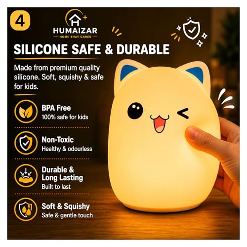 Image of HUMAIZAR Silicone LED Night Light for Kids, Soft Touch Animal Bedside Lamp for Bedroom & Nursery, Rechargeable Cute Night Lamp (Winking CAT)