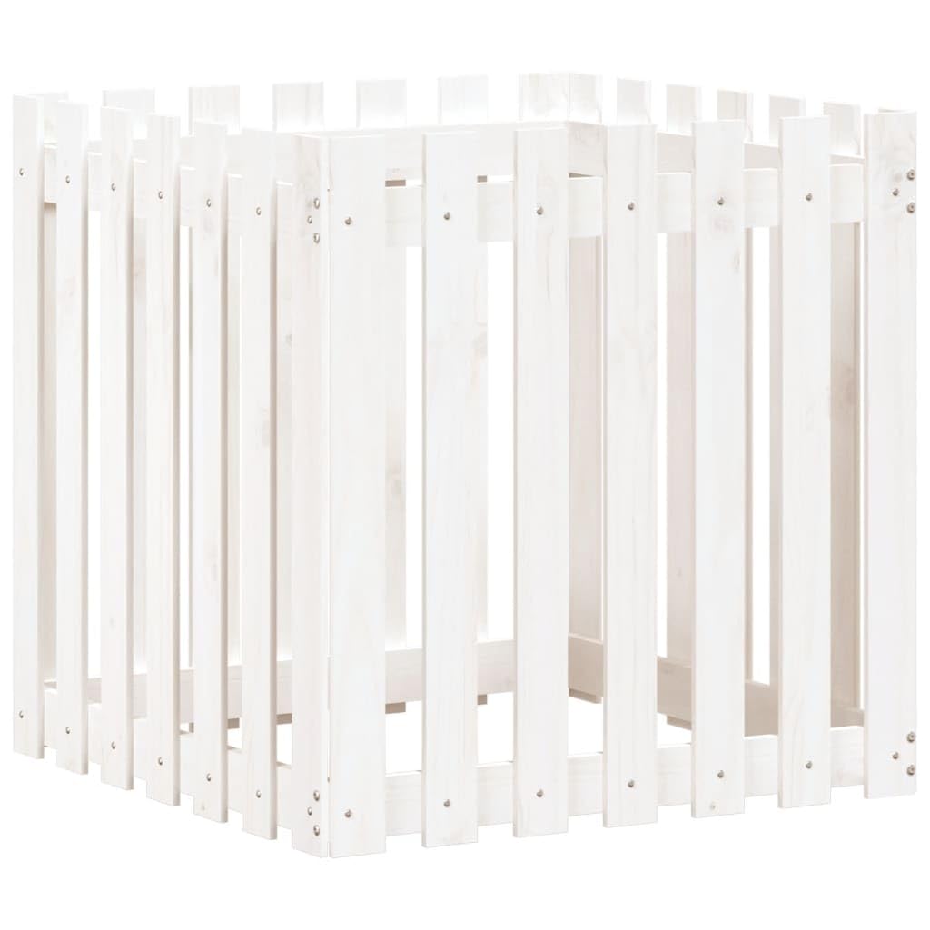 Macetero con diseño de valla de listones, color blanco, 70 x 70 x 70 cm, de madera maciza de pino para flores y plantas, maceta profunda con mucho espacio, uso versátil, material natural