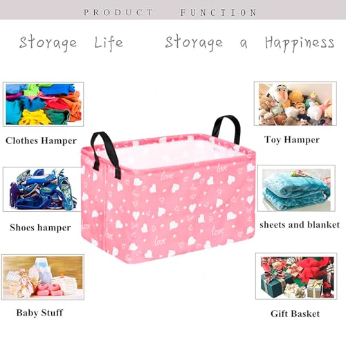 Image of Kid Storage Basket Gift Shelf Basket Toy Storage Bin, Nursery Basket Organizer Box for With Handles for Room Deco Heart Pattern Valentine's Storage Basket