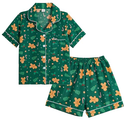 Vopmocld Big Girls Button Down Sleepwear Short Sleeve With Shorts 2PCS Pajama Sets Casual Lapel Loungewear Patterns Printed 2PCS-Xmas Gingerbread 10