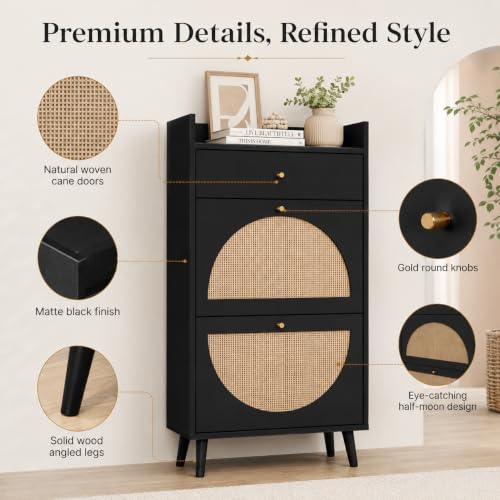 Rattan Shoe Cabinet with 2 Semi-Circular Flip Doors, Narrow Freestanding Shoe Storage Organizer, Double Layer Hidden Shoe Rack for Entryway Hallway — view 4