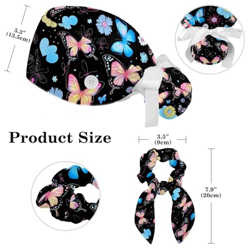 Image of Colored Butterflies Scrub Caps Women Ponytail, Adjustable Bouffant Surgical Caps with Button, Nurse Hats Long Hair