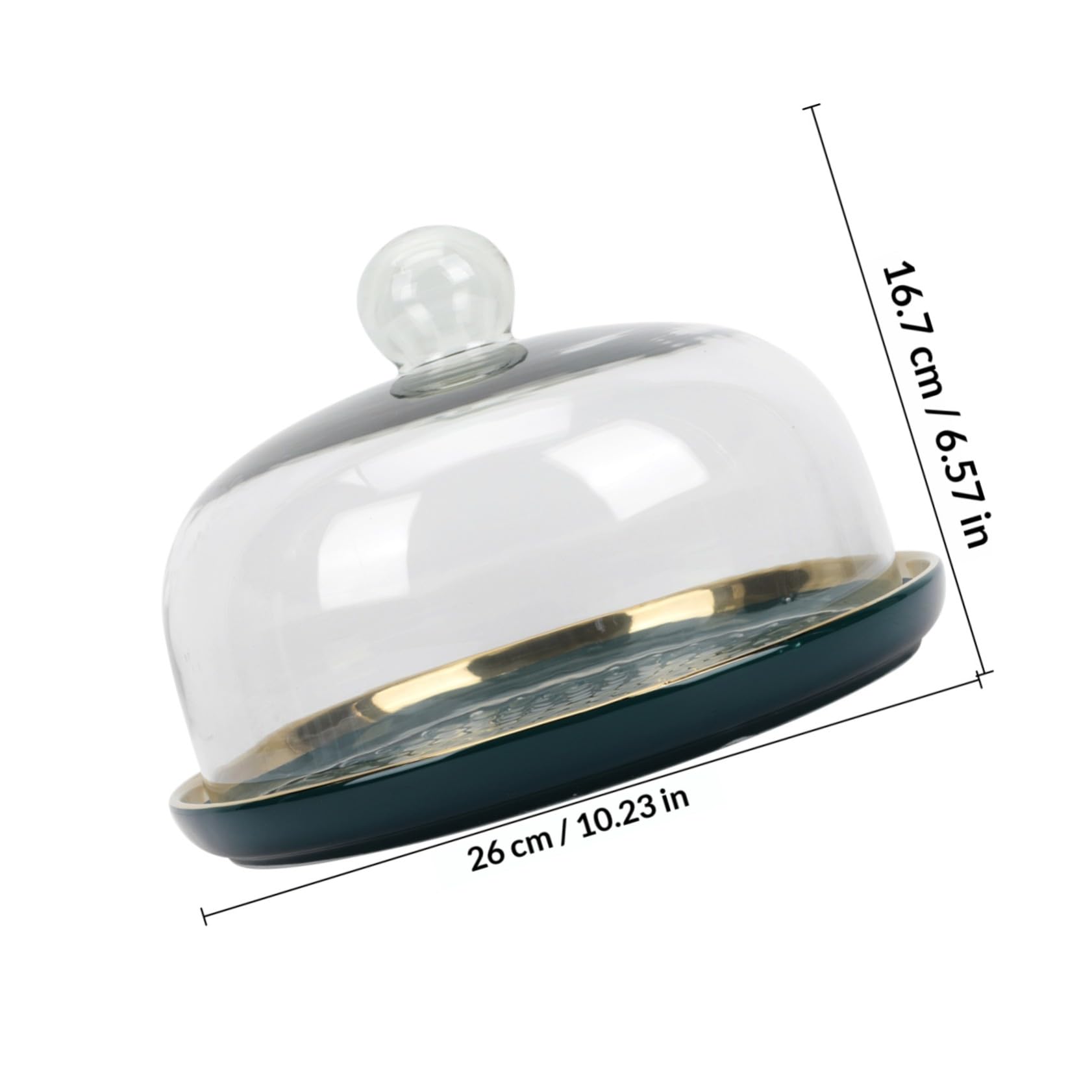 STOBAZA Set Piatto Dolci e Vassoio per Frutta con Coperchio in Vetro Trasparente, Piastra di Stoccaggio 23 Cm con Bordo Verde Dorato, Vassoio Multifunzione per Dessert e Pane, Adatto