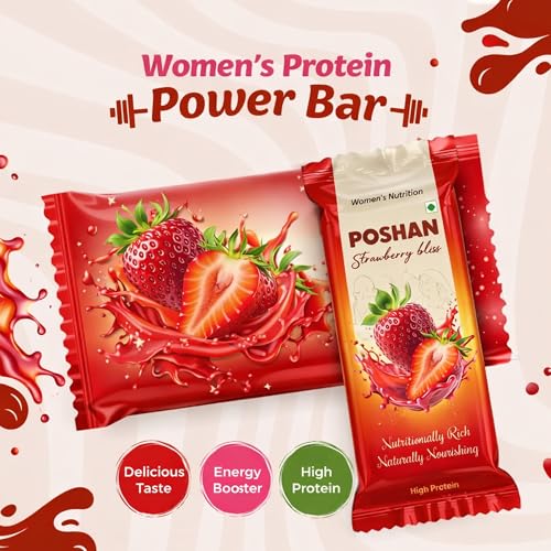 Image of POSHAN Women's Strawberry Nutrition Protein Bar, 40 g | 8g Protein with 4G Fiber |No Added Sugar, 100% Vegetarian & Gluten-Free| Made with Dates, Ragi and Superfoods| No Trans Fat| Pack of 1