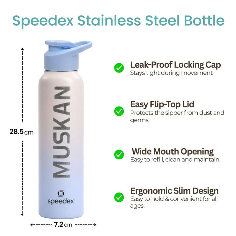Image of Speedex Engraved Name Stainless Steel Sipper Water Bottle 1 Ltr - Customised Personalised Bottle for Kids & Adults, School, Gym, Sports, Pink Blue, Set of 1
