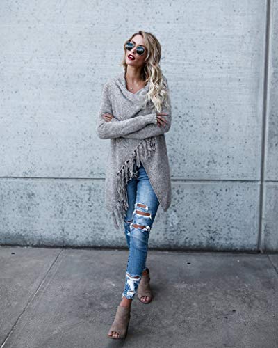 Ceasikery A5037-LGR-3-UK Women'S Tassel Hem Sweater Long Cardigan Knitwer Pullover Poncho Coat Light Gray thumb #2